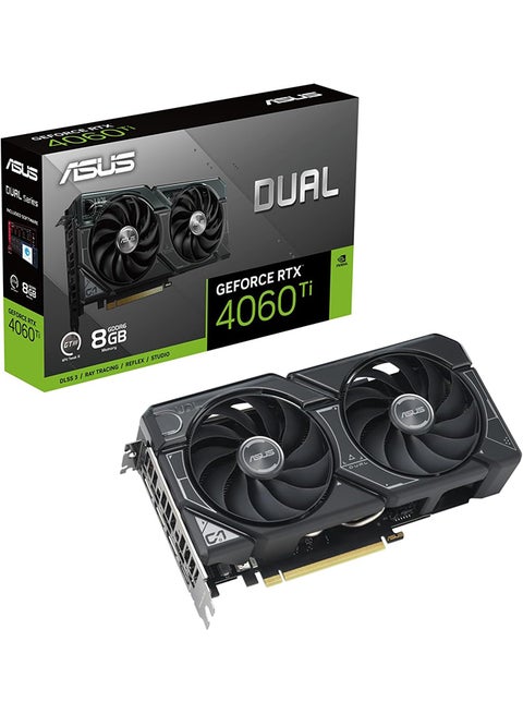 Dual GeForce RTX 4060 Ti EVO OC Edition Graphics Card, 8GB GDDR6 128-Bit Memory, 2565 MHz Boost Clock, 4352 CUDA Cores, 18 Gbps Memory Speed, PCI Express 4.0, 90YV0J49-M0NA00 Black