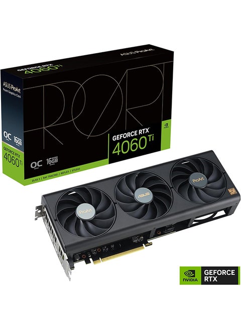 ProArt GeForce RTX 4060 Ti OC Graphics Card, 16GB GDDR6 128-bit Memory, 2655 MHz Boost Clock, 18Gbps Memory Speed, 4352 CUDA, PCI E 4.0, 1* HDMI 2.1a / 3* DisplayPort 1.4a | 90YV0JH2-M0NA00 Black