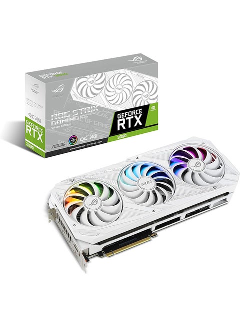 ROG STRIX NVIDIA GeForce RTX 3090 White OC Edition Gaming Graphics Card (PCIe 4.0, 24GB GDDR6X, HDMI 2.1, DisplayPort 1.4a, White color scheme, Axial-tech Fan Design, 2.9-slot, Super Alloy Power White