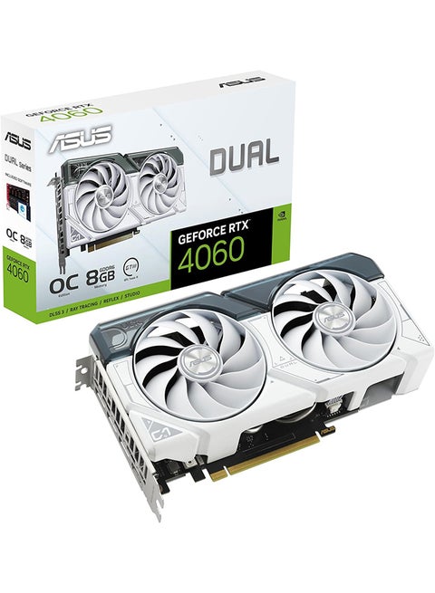 Dual GeForce RTX 4060 OC White Edition 8GB GDDR6 (PCIe 4.0، 8GB GDDR6، DLSS 3، HDMI 2.1a، DisplayPort 1.4a، تصميم 2.5 فتحة، تصميم مروحة Axial-tech، تقنية 0dB، والمزيد) أبيض