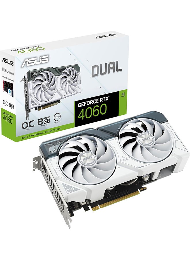 Dual GeForce RTX 4060 OC White Edition 8GB GDDR6 (PCIe 4.0، 8GB GDDR6، DLSS 3، HDMI 2.1a، DisplayPort 1.4a، تصميم 2.5 فتحة، تصميم مروحة Axial-tech، تقنية 0dB، والمزيد) أبيض