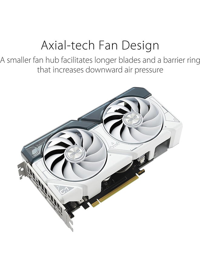 Dual GeForce RTX 4060 OC White Edition 8GB GDDR6 (PCIe 4.0، 8GB GDDR6، DLSS 3، HDMI 2.1a، DisplayPort 1.4a، تصميم 2.5 فتحة، تصميم مروحة Axial-tech، تقنية 0dB، والمزيد) أبيض
