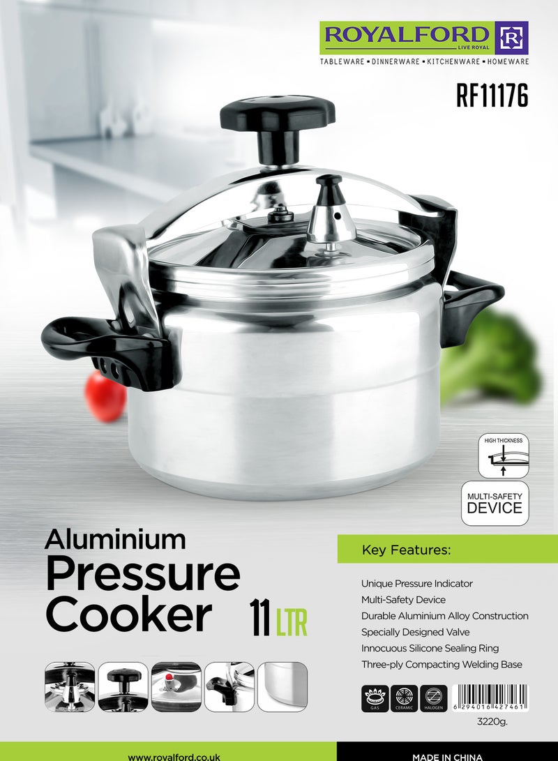 Royalford - Aluminum Pressure Cooker- RF11176| Equipped with Multi-Safety Device and Unique Pressure Indicator Durable Aluminum Alloy Construction with Firm Handles 11Liters - Image 1