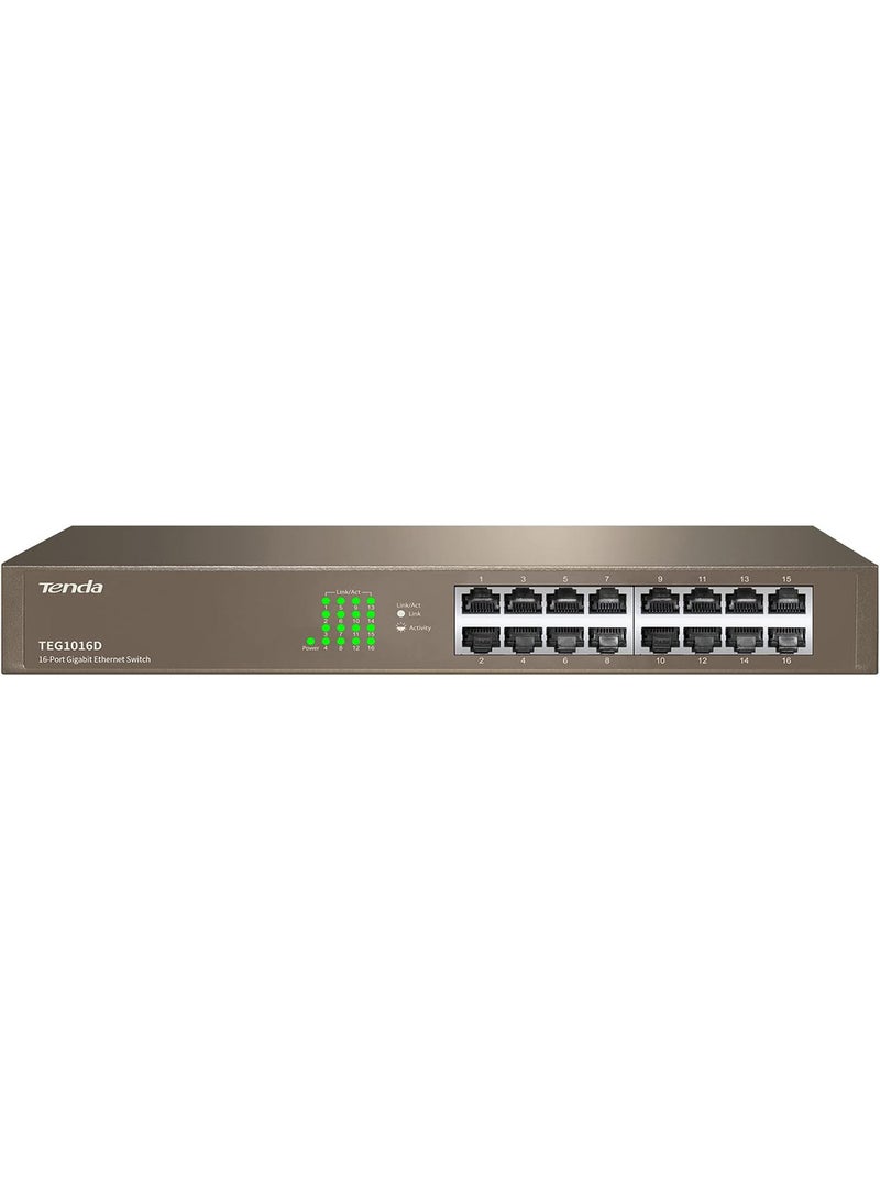 Tenda - TEG1016D With 16-Port Gigabit Ethernet Switch, Unmanaged Desktop Ethernet Switch, Network Switch Hub, Fan-less Metal Design, Plug And Play, Traffic Optimization, Limited Lifetime Protection Brown - Image 1