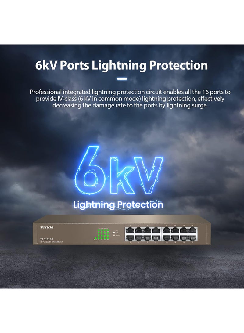 Tenda - TEG1016D With 16-Port Gigabit Ethernet Switch, Unmanaged Desktop Ethernet Switch, Network Switch Hub, Fan-less Metal Design, Plug And Play, Traffic Optimization, Limited Lifetime Protection Brown - Image 1