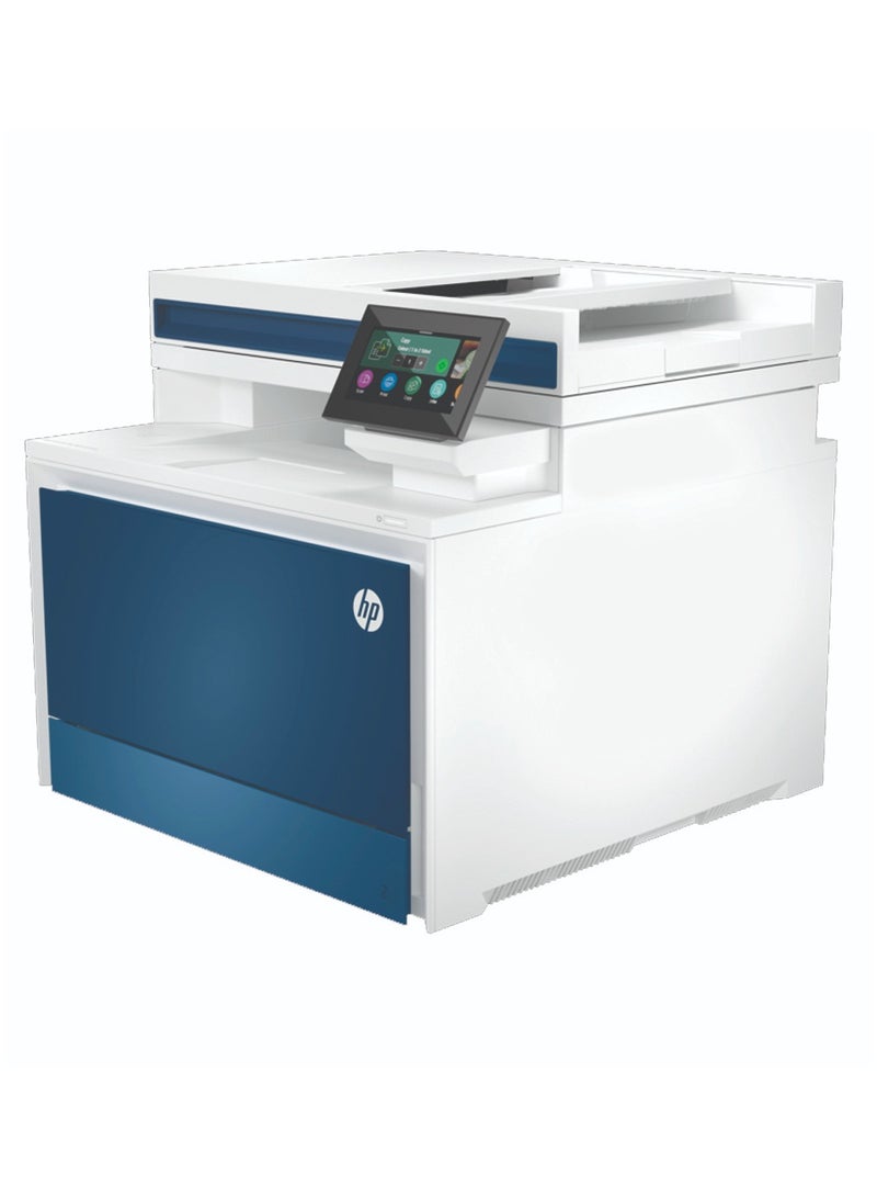 إتش بي - طابعة 4303fdw Color LaserJet Pro MFP، طباعة، نسخ، مسح ضوئي، فاكس، سرعة طباعة تصل إلى 35 صفحة في الدقيقة، طباعة تلقائية على الوجهين، دقة تصل إلى 600 × 600 نقطة في البوصة، شاشة WLED مقاس 4.3 بوصة، ماسح ضوئي مسطح أزرق/أبيض - Image 1