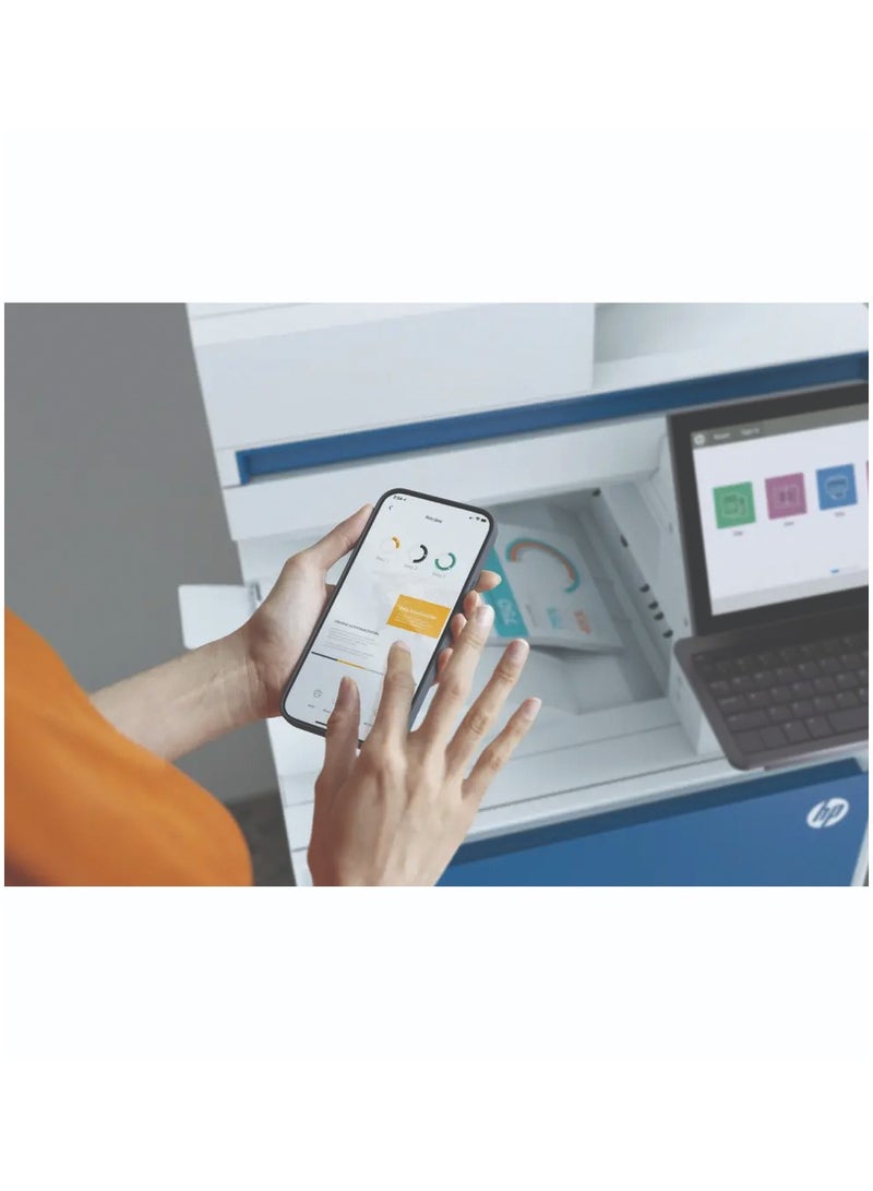إتش بي - طابعة 4303fdw Color LaserJet Pro MFP، طباعة، نسخ، مسح ضوئي، فاكس، سرعة طباعة تصل إلى 35 صفحة في الدقيقة، طباعة تلقائية على الوجهين، دقة تصل إلى 600 × 600 نقطة في البوصة، شاشة WLED مقاس 4.3 بوصة، ماسح ضوئي مسطح أزرق/أبيض - Image 1