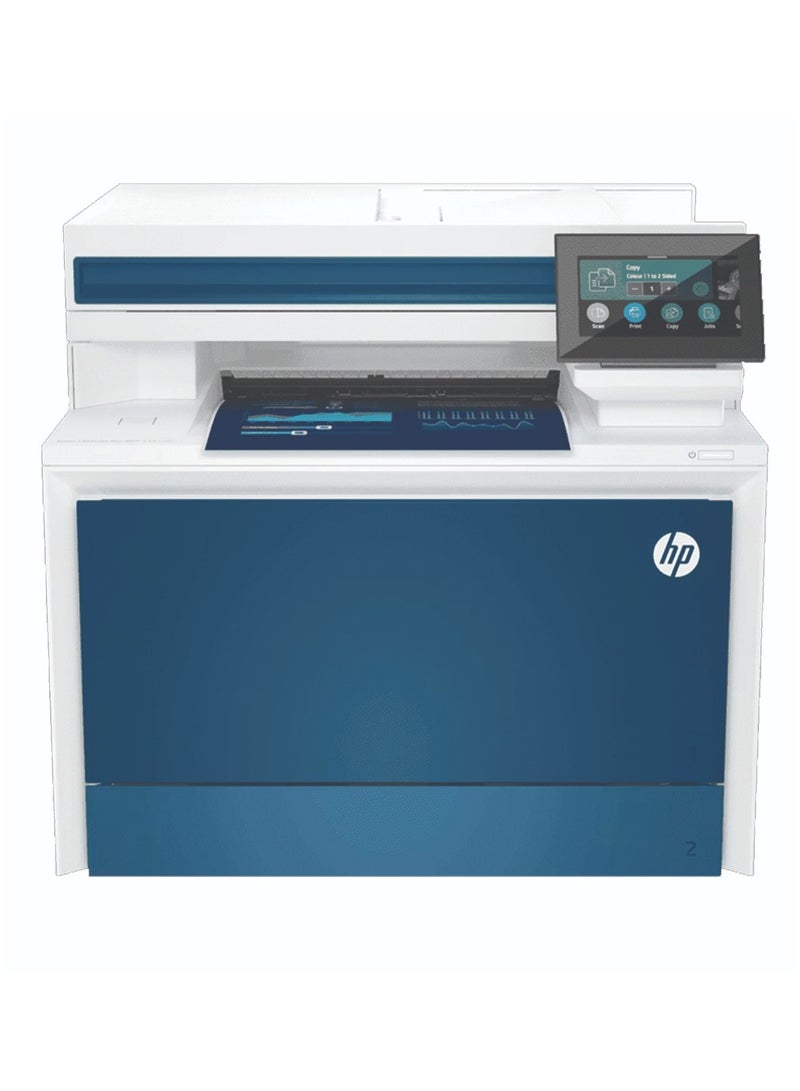إتش بي - طابعة 4303fdw Color LaserJet Pro MFP، طباعة، نسخ، مسح ضوئي، فاكس، سرعة طباعة تصل إلى 35 صفحة في الدقيقة، طباعة تلقائية على الوجهين، دقة تصل إلى 600 × 600 نقطة في البوصة، شاشة WLED مقاس 4.3 بوصة، ماسح ضوئي مسطح أزرق/أبيض - Image 1