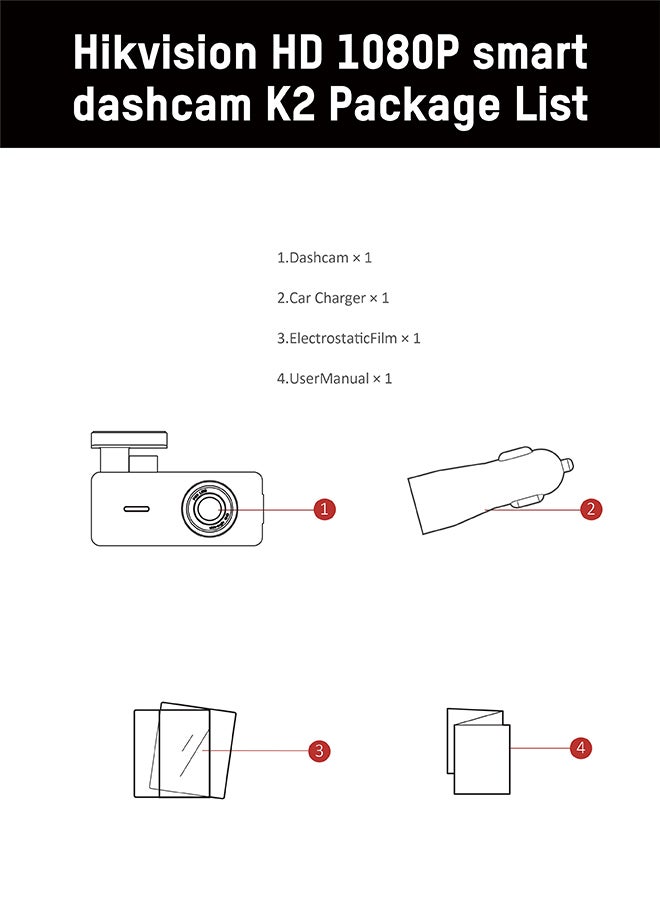 HIKVISION - K2 Dash Cam, 1080P, Wifi, APP, Loop recording, G-sensor, Cigarette adaptor - Image 1