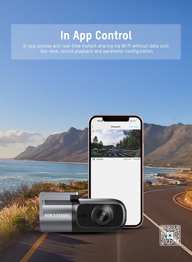 هيك فيجن - D1 Dash Cam، دوران 360¬∞، 1080P، واي فاي، تطبيق، تسجيل مستمر، مستشعر G، محول سجائر - Image 1