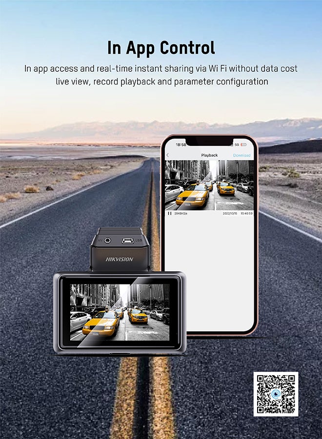 HIKVISION - K5 Dash Cam, 2K, Front and rear cameras, WiFi, 3 inch touch screen, APP, Loop recording, G-sensor, Voice control, Buck-line cable in the box, Parking monitoring - Image 1