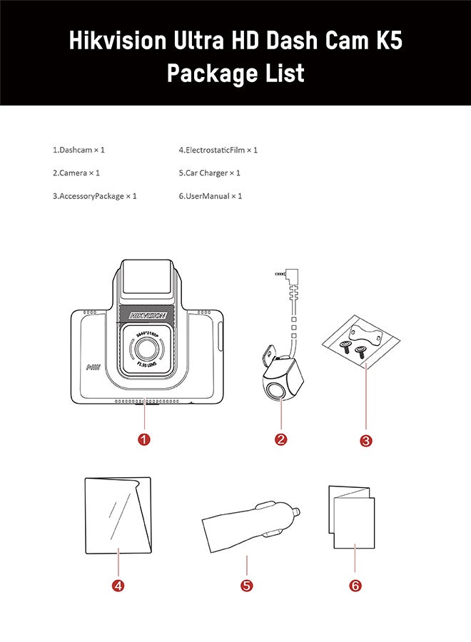 HIKVISION - K5 Dash Cam, 2K, Front and rear cameras, WiFi, 3 inch touch screen, APP, Loop recording, G-sensor, Voice control, Buck-line cable in the box, Parking monitoring - Image 1