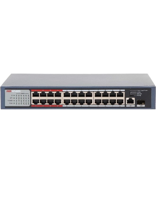 هيك فيجن 24 Port Fast Ethernet Unmanaged POE Switch, 2410/100 Mbps PoE Port, 1Gigabit RJ45 Pogrt, 1*Gigabit Fiber Optical Port, 300m Long Range PoE, 6KV Surge Protection, 8.8Gbps Switching Capacity, 2.75 Mbits, Metal, DS-3E0326P-E/M(B) Blue - Image 5