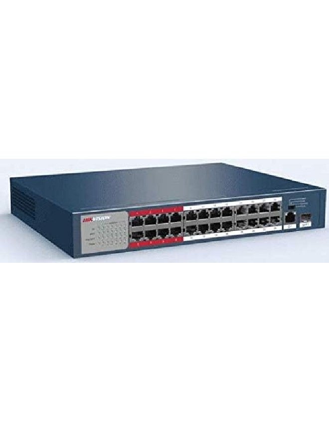 هيك فيجن 24 Port Fast Ethernet Unmanaged POE Switch, 2410/100 Mbps PoE Port, 1Gigabit RJ45 Pogrt, 1*Gigabit Fiber Optical Port, 300m Long Range PoE, 6KV Surge Protection, 8.8Gbps Switching Capacity, 2.75 Mbits, Metal, DS-3E0326P-E/M(B) Blue - Image 3