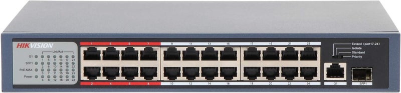 هيك فيجن 24 Port Fast Ethernet Unmanaged POE Switch, 2410/100 Mbps PoE Port, 1Gigabit RJ45 Pogrt, 1*Gigabit Fiber Optical Port, 300m Long Range PoE, 6KV Surge Protection, 8.8Gbps Switching Capacity, 2.75 Mbits, Metal, DS-3E0326P-E/M(B) Blue - Image 2