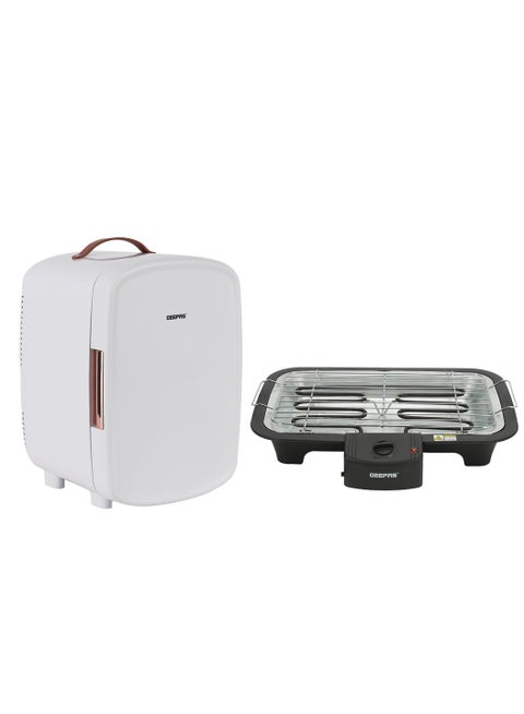 10 L Mini Refrigerator With 2000W Electric Barbecue Grill Set - 10 L Mini Refrigerator With Semiconductor Direct Cooling, AC/DC Working & Electric Barbecue Grill With Auto-Thermostat Control GRF63052+GBG9898 White & black