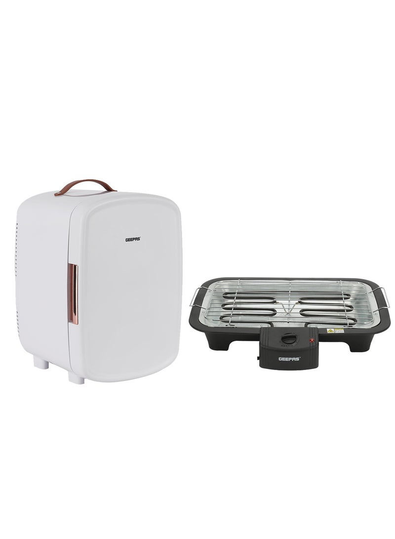 10 L Mini Refrigerator With 2000W Electric Barbecue Grill Set - 10 L Mini Refrigerator With Semiconductor Direct Cooling, AC/DC Working & Electric Barbecue Grill With Auto-Thermostat Control GRF63052+GBG9898 White & black