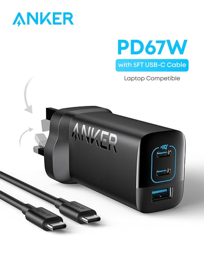 Anker 335 Charger 67W USB C Wall Charger, PIQ 3.0 Compact and Foldable Fast Charger Adapter, For Laptop, iPhone 16/15 Series, MacBook Pro, iPad, Samsung S25/S24, Pixel, and More (Cable Included) Black - Image 1