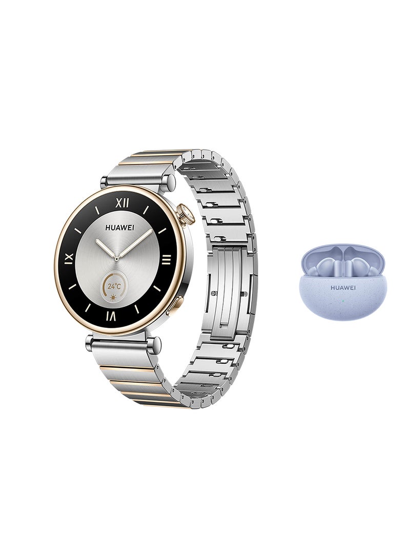 HUAWEI - 524 mAh Watch GT 4 41mm Smart Watch, Science-based Calorie Management, Pulse Wave Arrhythmia Analysis, TruSeen 5.5+ Heart Rate Monitor, Compatible with Andriod And iOS, + Freebuds 5i Silver - Image 1
