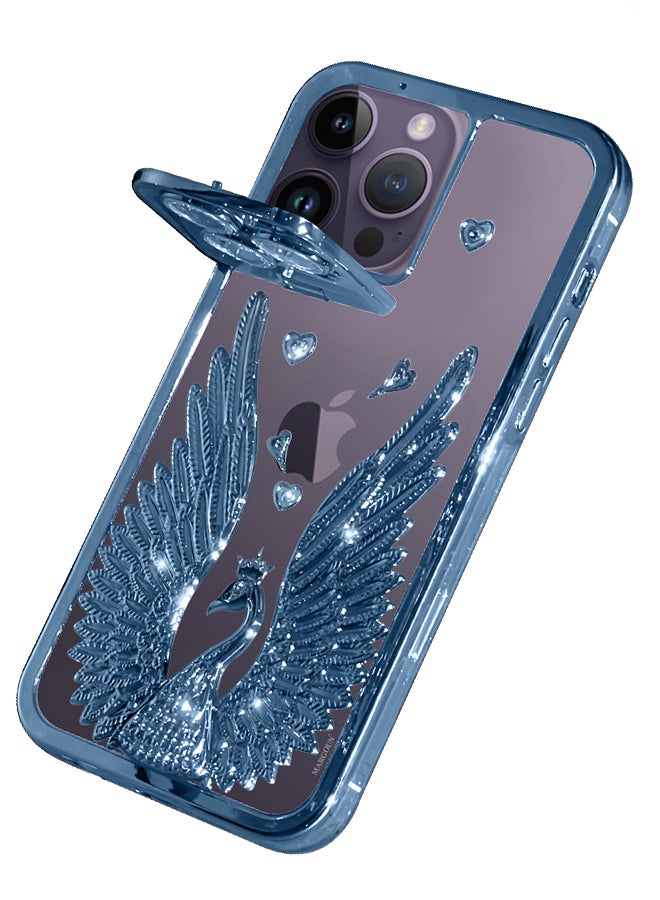 مارجون iPhone 14 Pro Max Bling Case Peacock Glitter Hard TPU Shockproof Protection Cover With Kickstand For Women Girls Blue - Image 1