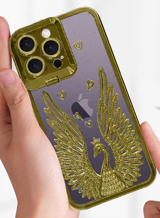 MARGOUN iPhone 14 Pro Max Bling Case Peacock Glitter Hard TPU Shockproof Protection Cover With Kickstand For Women Girls Gold - Image 4
