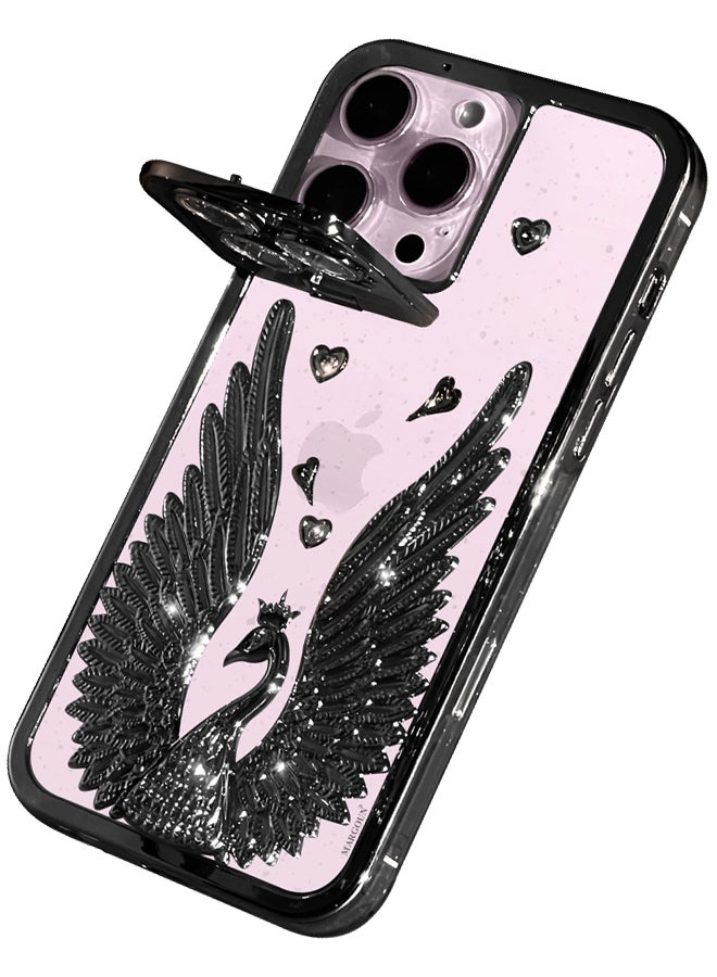 مارجون iPhone 15 Pro Max Bling Case Peacock Glitter Hard TPU Shockproof Protection Cover With Kickstand For Women Girls Black - Image 1
