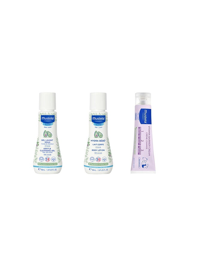 Baby Gift Pack Of 3 Mustela Hydra Bebe Moisturising Body Lotion 50ml Mustela Gentle Cleansing Gel Vitamin Barrier Cream