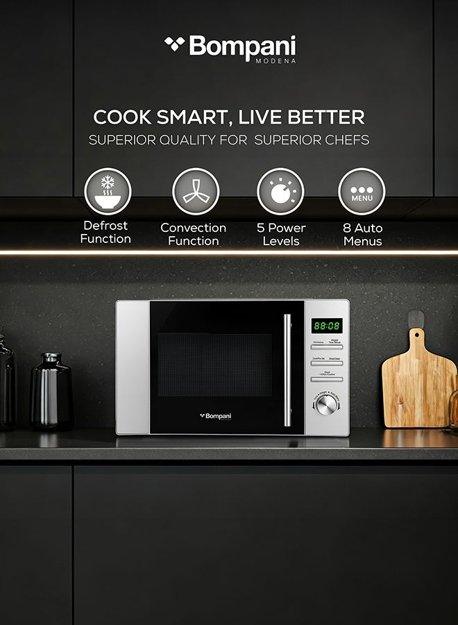 بومباني فرن ميكروويف مع تحكم رقمي، 5 مستويات للطاقة، 8 قوائم تلقائية، وبدء سريع لمدة 30 ثانية - إزالة الجليد حسب الوزن/الوقت، شاشة LED، قرص دوار زجاجي، مؤقت للطهي، وإشارة نهائية مع ضمان لمدة عام - Image 3