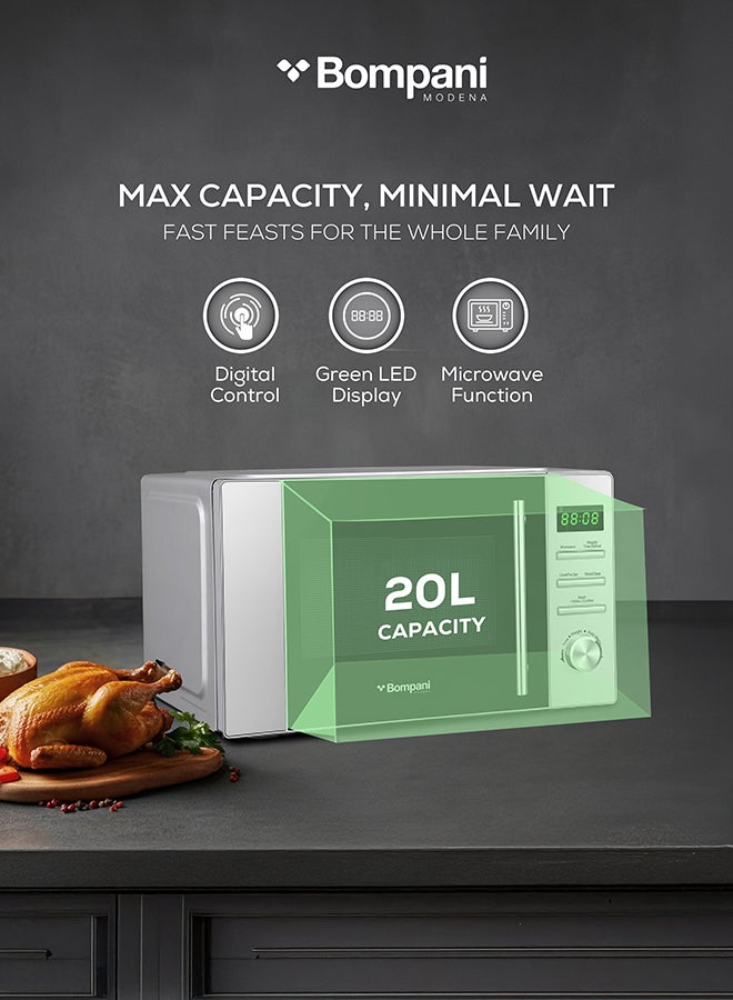 بومباني فرن ميكروويف مع تحكم رقمي، 5 مستويات للطاقة، 8 قوائم تلقائية، وبدء سريع لمدة 30 ثانية - إزالة الجليد حسب الوزن/الوقت، شاشة LED، قرص دوار زجاجي، مؤقت للطهي، وإشارة نهائية مع ضمان لمدة عام - Image 4