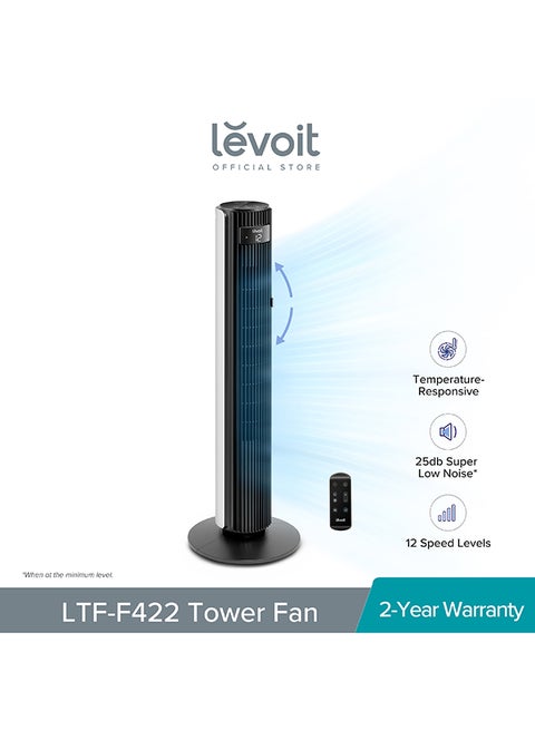 Tower Fan for Large Bedroom 42 Inch, 7.5m/s Powerful Electric Cooling Fan With Remote, 25 DB Quiet 90° Oscillating Bladeless Fan, 12 Speeds, 4 Modes, 12H Timer, Standing Fan For Home Office LTF-F422-WUK White & Black