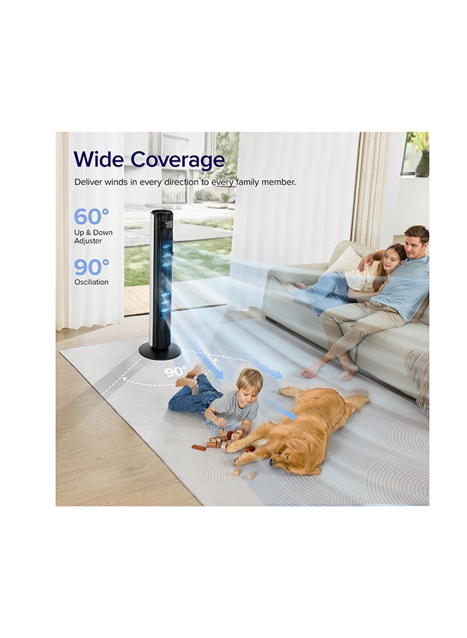 Tower Fan for Large Bedroom 42 Inch, 7.5m/s Powerful Electric Cooling Fan With Remote, 25 DB Quiet 90° Oscillating Bladeless Fan, 12 Speeds, 4 Modes, 12H Timer, Standing Fan For Home Office LTF-F422-WUK White & Black