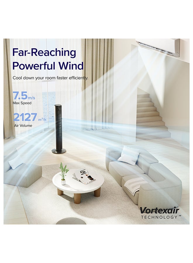 Tower Fan for Large Bedroom 42 Inch, 7.5m/s Powerful Electric Cooling Fan With Remote, 25 DB Quiet 90° Oscillating Bladeless Fan, 12 Speeds, 4 Modes, 12H Timer, Standing Fan For Home Office LTF-F422-WUK White & Black
