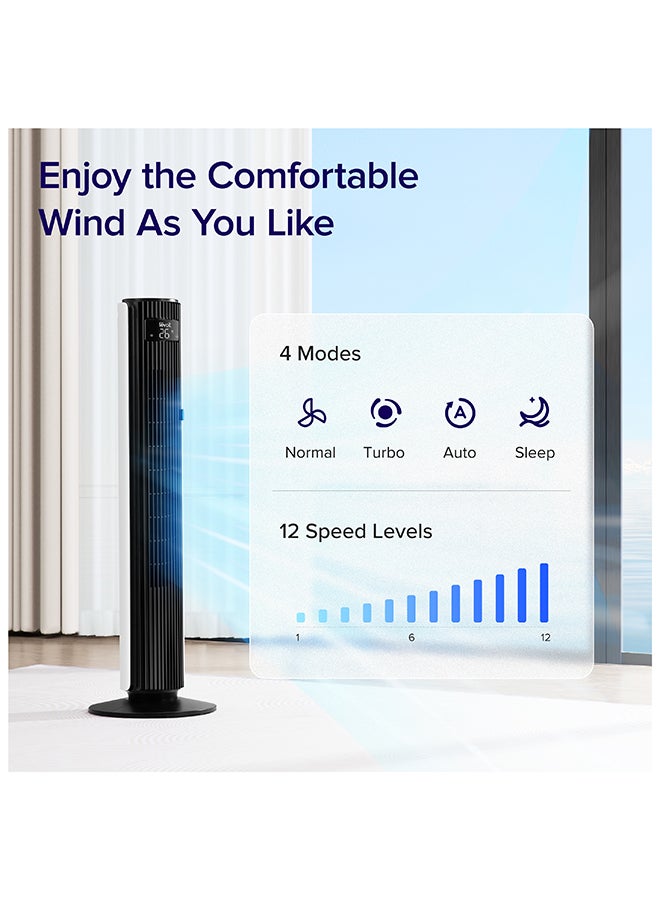 Tower Fan for Large Bedroom 42 Inch, 7.5m/s Powerful Electric Cooling Fan With Remote, 25 DB Quiet 90° Oscillating Bladeless Fan, 12 Speeds, 4 Modes, 12H Timer, Standing Fan For Home Office LTF-F422-WUK White & Black