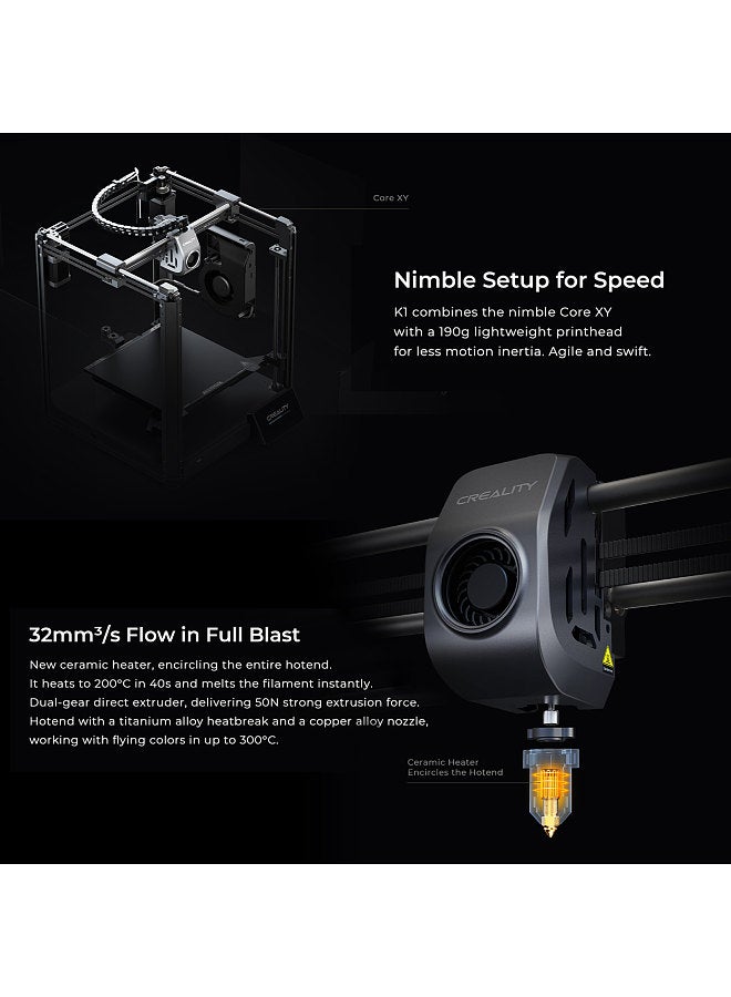 Creality 3D - K1 3D Printers 600Mm/s High Speed With 4.3'' Color Touchscreen Dual-Gear Direct Extruder Printing 220*220*250Mm Size With Speedy OS And Hardware 18W Auxiliary Fan Flexible Build Plate Fast To Heat Up Black - Image 1