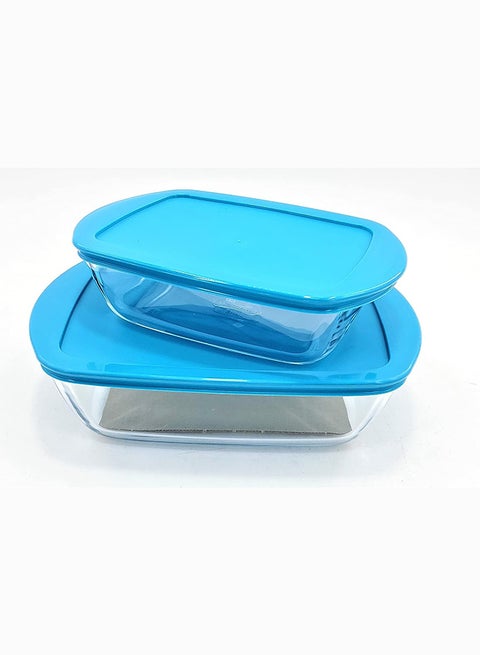 Pyrex Cook&Store Set of 2 Rectangle with Blue Lid 1.1L+2.5L Transparent 28 x 20 x 9 cm 2.5L / 23 x 15 x 6 cm 1.1Lcm