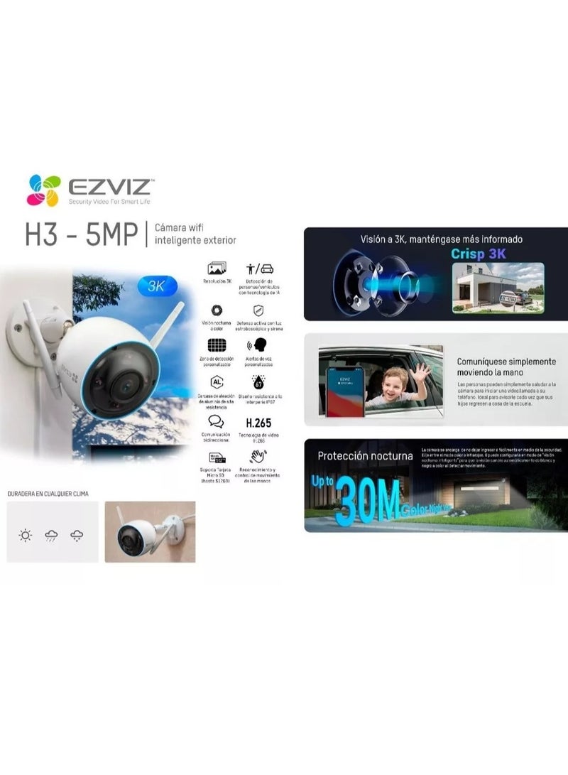 EZVIZ - H3 3K 5 Mp Resolution Smart Surveillance Camera Color Night Vision Ip67 Weatherproof Design Waving Hand Recognition And Control H.265 Video Technology Two Way Talk - Image 1