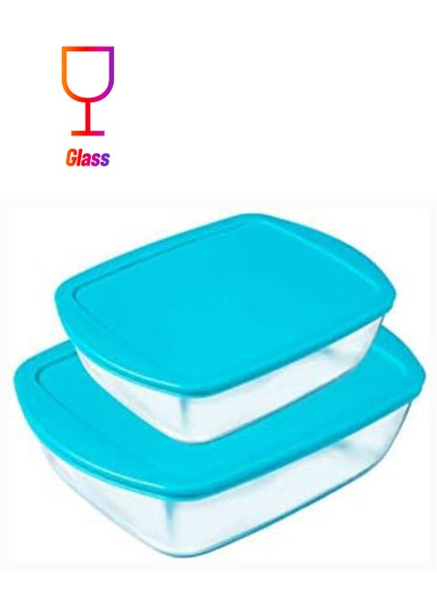 Pyrex Cook&Store Set Of 2 Rectangle with Blue Lid 1.1L+2.5L Transparent 28 x 20 x 9 cm 2.5L / 23 x 15 x 6 cm 1.1Lcm