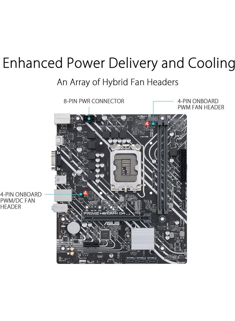 ASUS - Prime H610M-K D4 Mic ATX Motherboard DDR4 Support LGA 1700 PCIe 4 0 M 2 Slot Realtek 1Gb Ethernet HDMI D-Sub USB 3 2 Gen SATA 6 Gbps COM/RGB Header 5X Protection III 90MB1A10-M0EAY0 - Image 1