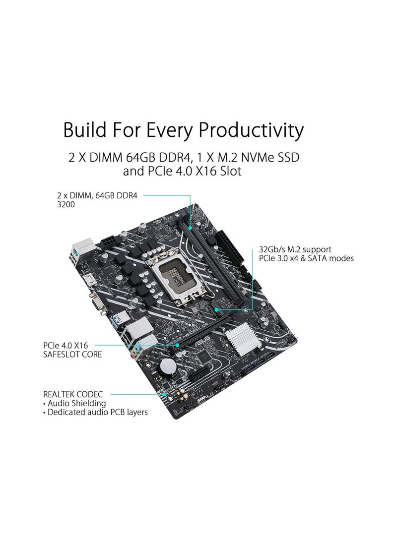 ASUS - Prime H610M-K D4 Mic ATX Motherboard DDR4 Support LGA 1700 PCIe 4 0 M 2 Slot Realtek 1Gb Ethernet HDMI D-Sub USB 3 2 Gen SATA 6 Gbps COM/RGB Header 5X Protection III 90MB1A10-M0EAY0 - Image 1