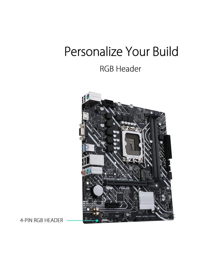 ASUS - Prime H610M-K D4 Mic ATX Motherboard DDR4 Support LGA 1700 PCIe 4 0 M 2 Slot Realtek 1Gb Ethernet HDMI D-Sub USB 3 2 Gen SATA 6 Gbps COM/RGB Header 5X Protection III 90MB1A10-M0EAY0 - Image 1
