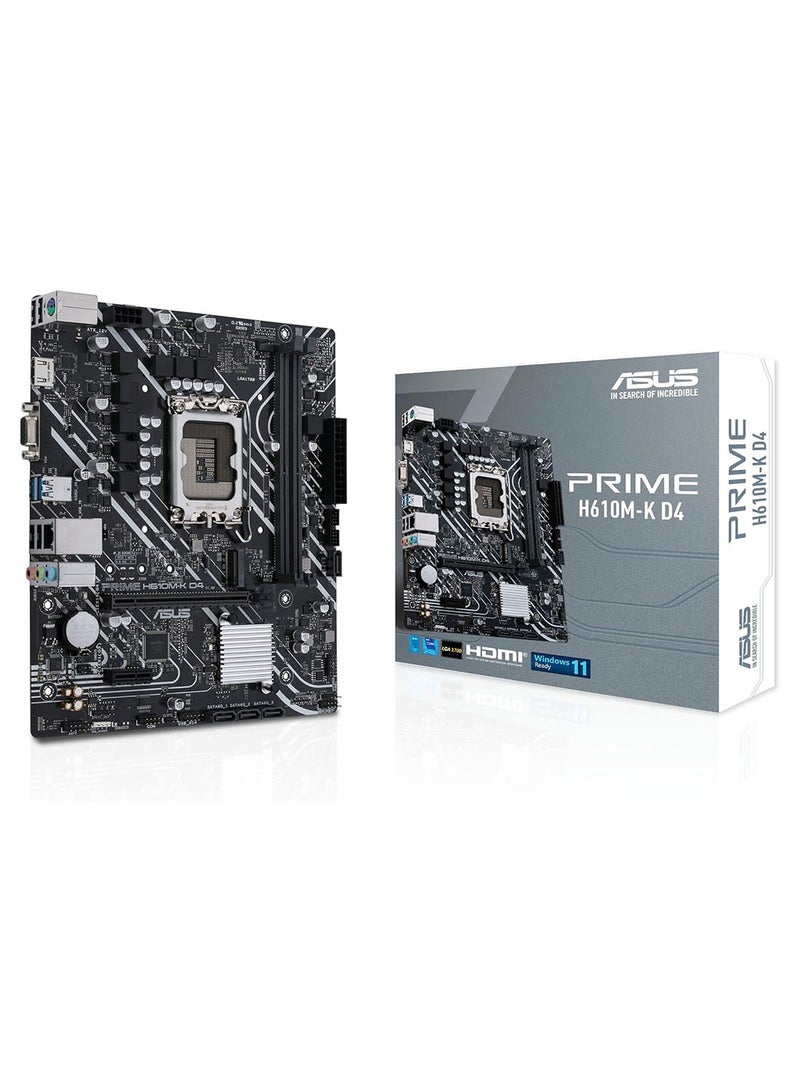 ASUS - Prime H610M-K D4 Mic ATX Motherboard DDR4 Support LGA 1700 PCIe 4 0 M 2 Slot Realtek 1Gb Ethernet HDMI D-Sub USB 3 2 Gen SATA 6 Gbps COM/RGB Header 5X Protection III 90MB1A10-M0EAY0 - Image 1