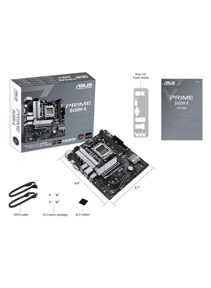 ASUS - PRIME B650M-K AM5 Micro-ATX Motherboard, AMD B650 Chipset, 2x DIMM DDR5 Slots, Up to 96GB Max Memory, 2.5Gb Ethernet, 2x M.2, 1x PCIe 4.0x 16, USB 3.2 / 2.0, 1x VGA 1x HDMI | 90MB1F60-M0EAY0 - Image 1