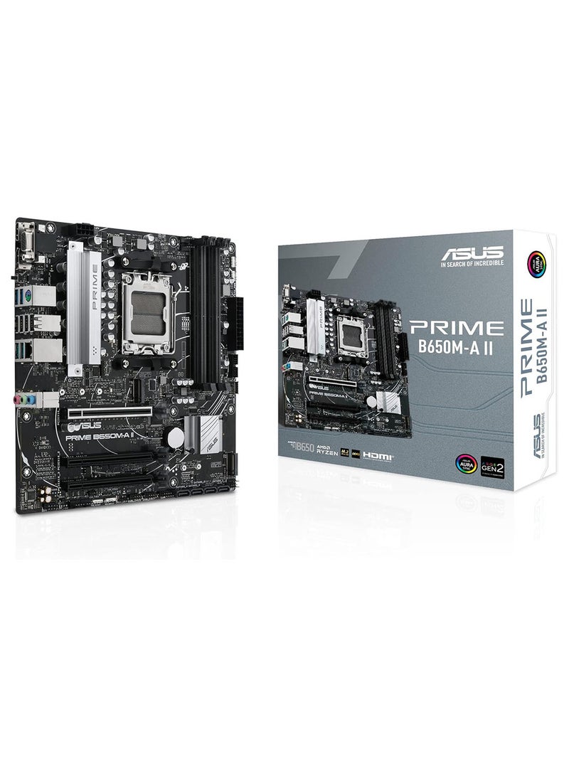 ASUS - PRIME B650M-A II,AMD B650 Micro-ATX motherboard with DDR5, PCIe 5.0 M.2, 2.5Gb Ethernet, DisplayPort, HDMI®, VGA, rear USB 3.2 Gen 2, front USB 3.2 Gen 1 Type-C®, BIOS FlashBack™, Arua Sync - Image 1