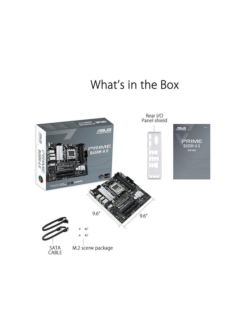 ASUS - PRIME B650M-A II,AMD B650 Micro-ATX motherboard with DDR5, PCIe 5.0 M.2, 2.5Gb Ethernet, DisplayPort, HDMI®, VGA, rear USB 3.2 Gen 2, front USB 3.2 Gen 1 Type-C®, BIOS FlashBack™, Arua Sync - Image 1