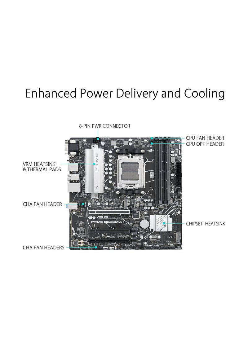 ASUS - PRIME B650M-A II,AMD B650 Micro-ATX motherboard with DDR5, PCIe 5.0 M.2, 2.5Gb Ethernet, DisplayPort, HDMI®, VGA, rear USB 3.2 Gen 2, front USB 3.2 Gen 1 Type-C®, BIOS FlashBack™, Arua Sync - Image 1