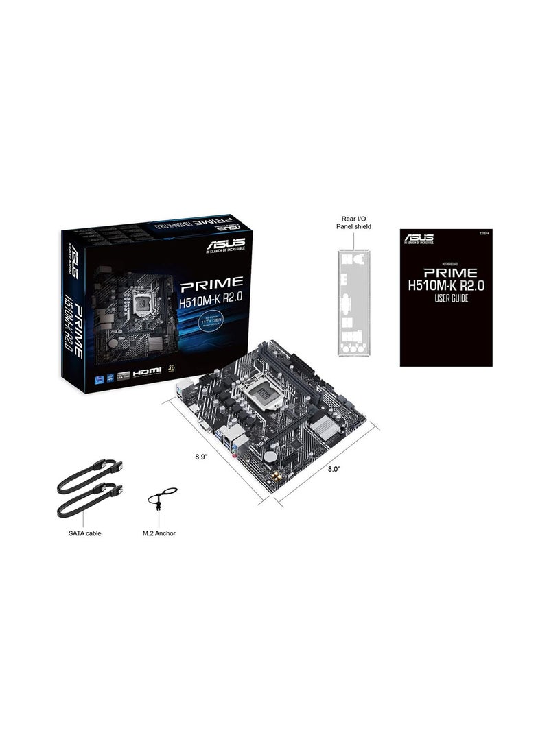 ASUS - PRIME H510M-K R2.0 LGA 1200 mATX Motherboard, Intel H470 Chipset, 2x DDR4 DIMM, 64GB Max Memory, PCIe 4.0, 1x M.2, Realtek 1Gb Ethernet, USB 3.2 / HDMI / VGA / PS/2 | 90MB1E80-M0EAY0 - Image 1