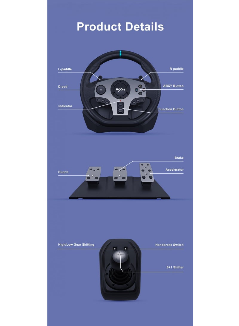 PXN - Racing Wheel Dual-Motor Feedback Driving with Pedals and Shifter for PS4, PC, Xbox One, Xbox Series S/X, and Nintendo Switch - Image 1