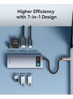 Baseus USB C Hub Multiport Adapter With 4K@60Hz HDMI, USB C Dock 7 In 1 With 100W Charging, 3 USB-A 5Gbps, TF/SD Card Reader, USB Hub For Laptop Compatible For Windows/Mac/iPad/Steam Deck/Rog Ally Grey02  - Image 2