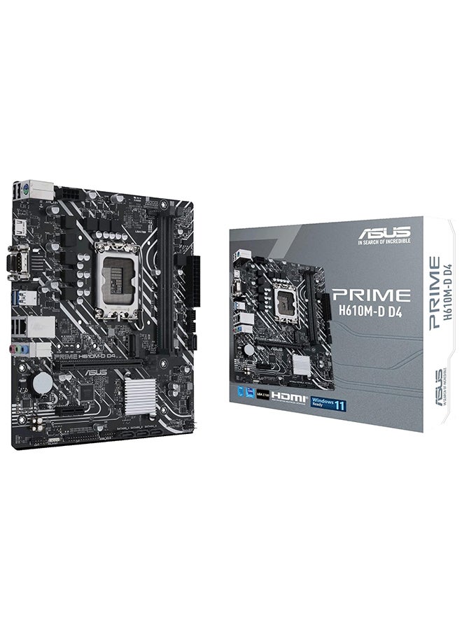 ASUS Prime H610M-D D4 Mic ATX Motherboard, LGA 1700 Socket, DDR4 Support, PCIe 4.0, M.2 Slot, 1Gb Ethernet, HDMI, D-Sub, USB 3.2 Gen, SATA 6 Gbps, COM Port, LPT / RGB Header | 90MB1A00-M0EAY0 Black  - Image 1