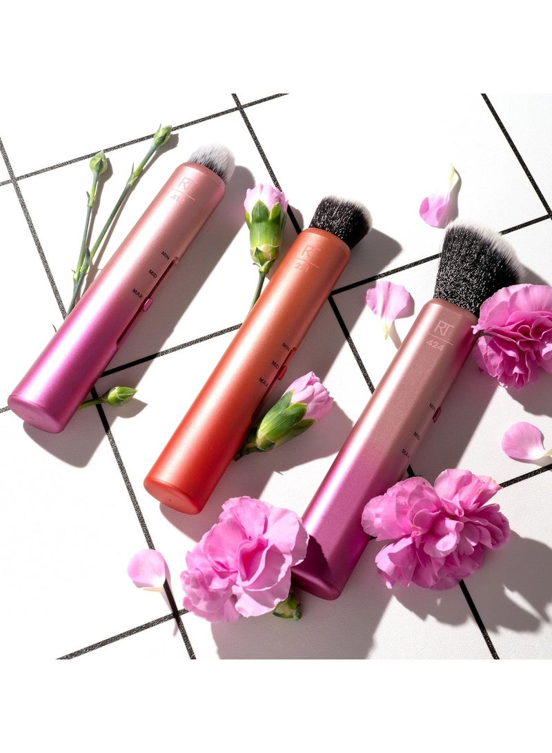 REAL TECHNIQUES - 3-In-1 Brush, Custom Slide For Bronzer And Contour Makeup, 3 Settings For Sheer, Medium, Or Focused Application, Travel-Sized Kabuki, Cruelty-Free Pink - Image 1